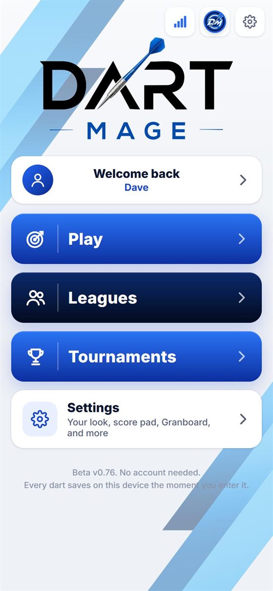 The Dart Mage home screen: Play, Leagues, Tournaments, Settings